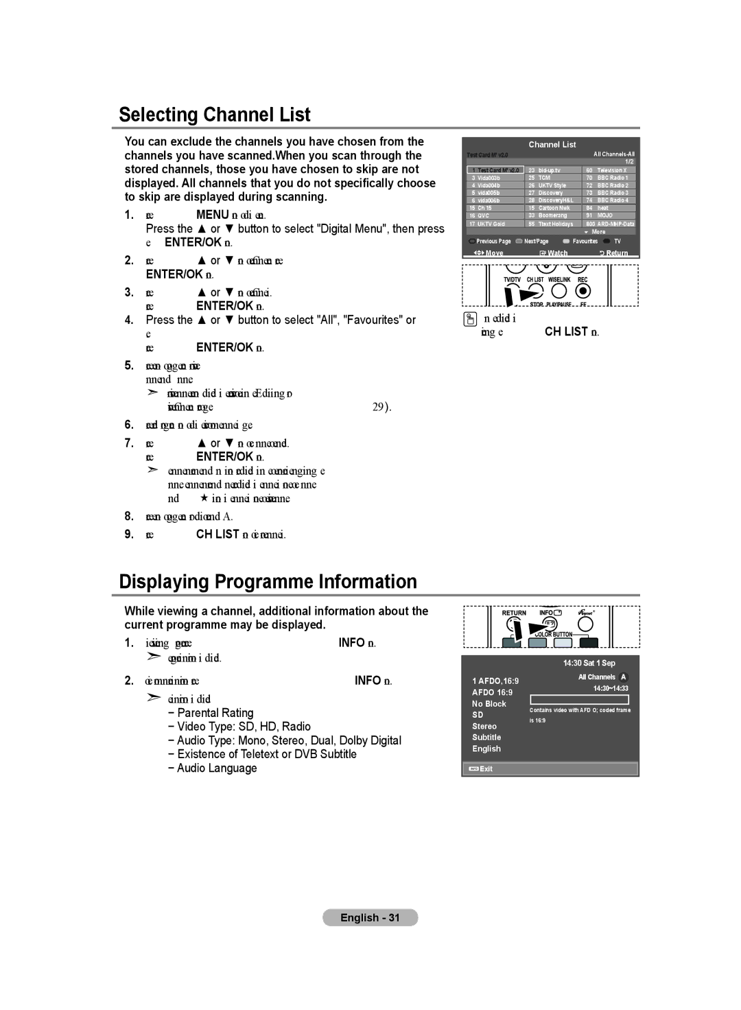 Samsung LE52F9, LE70F9 manual Selecting Channel List, Displaying Programme Information 