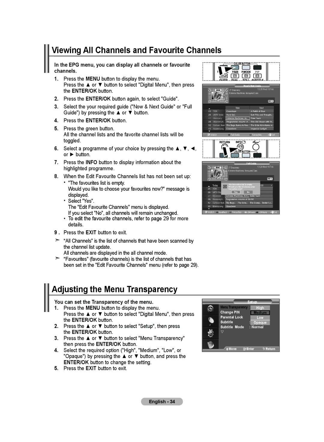 Samsung LE70F9, LE52F9 manual Viewing All Channels and Favourite Channels, Adjusting the Menu Transparency 