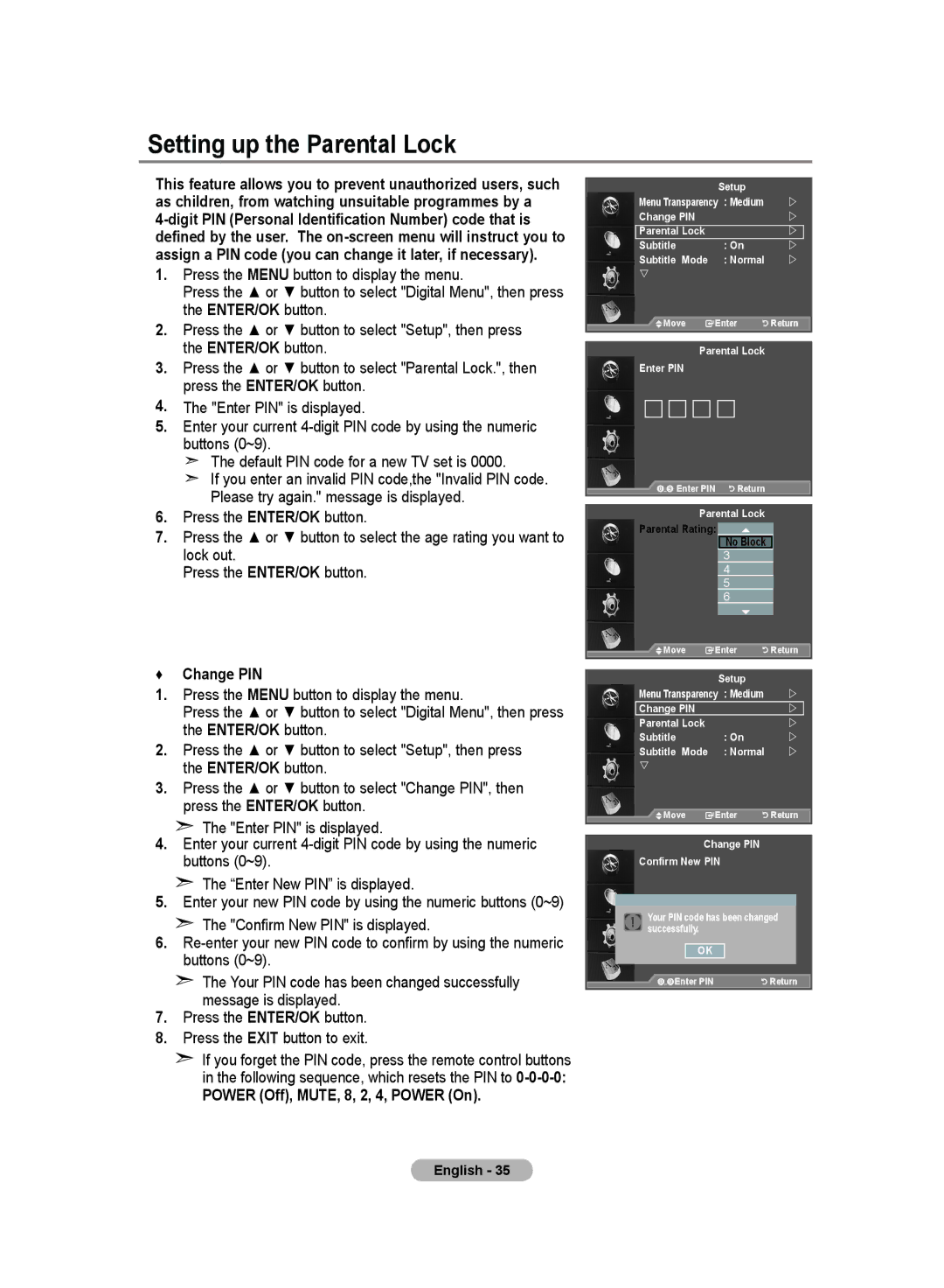 Samsung LE52F9, LE70F9 manual Setting up the Parental Lock, Change PIN, Power Off, MUTE, 8, 2, 4, Power On 