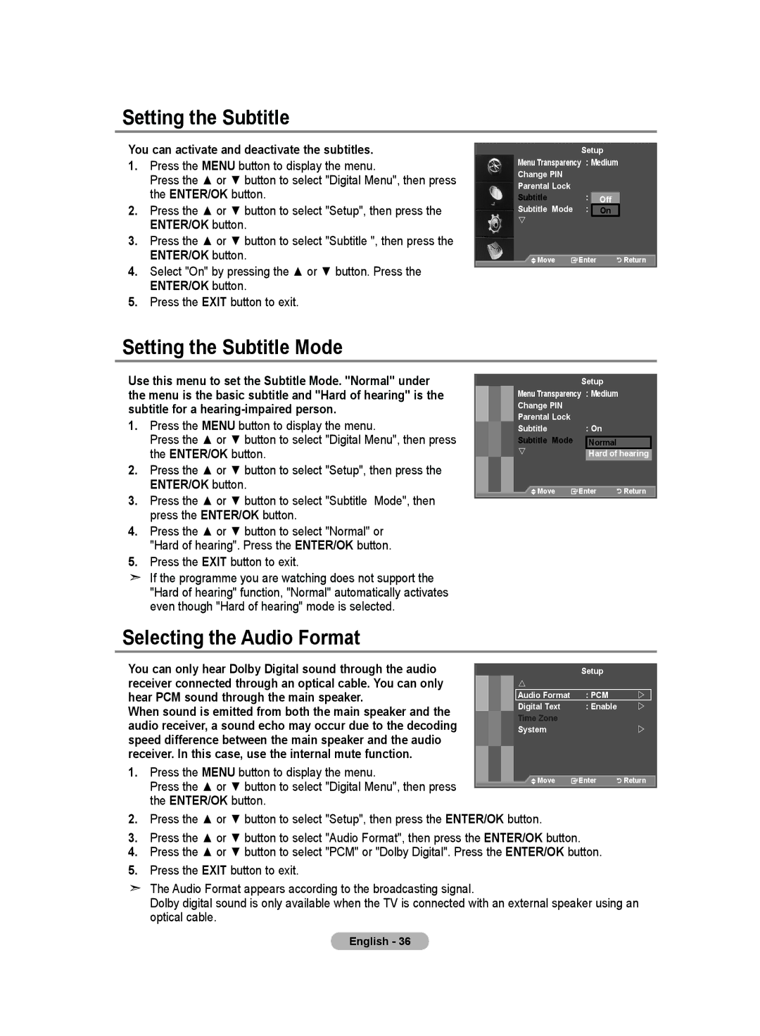 Samsung LE70F9 Setting the Subtitle Mode, Selecting the Audio Format, You can activate and deactivate the subtitles 