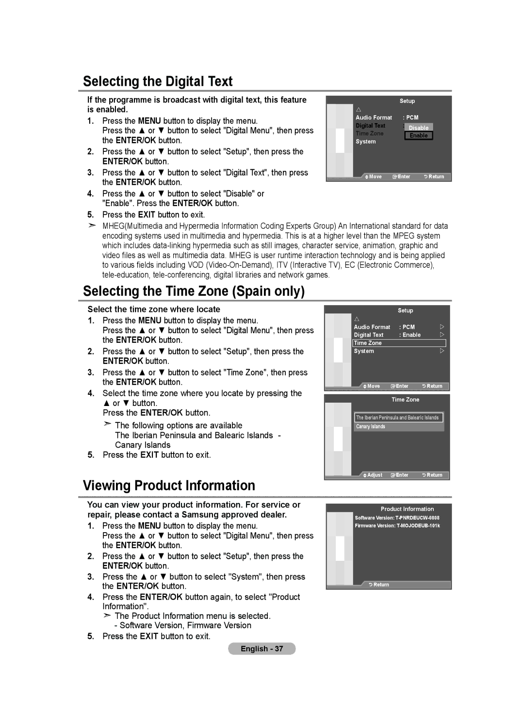 Samsung LE52F9, LE70F9 manual Selecting the Digital Text, Selecting the Time Zone Spain only, Viewing Product Information 