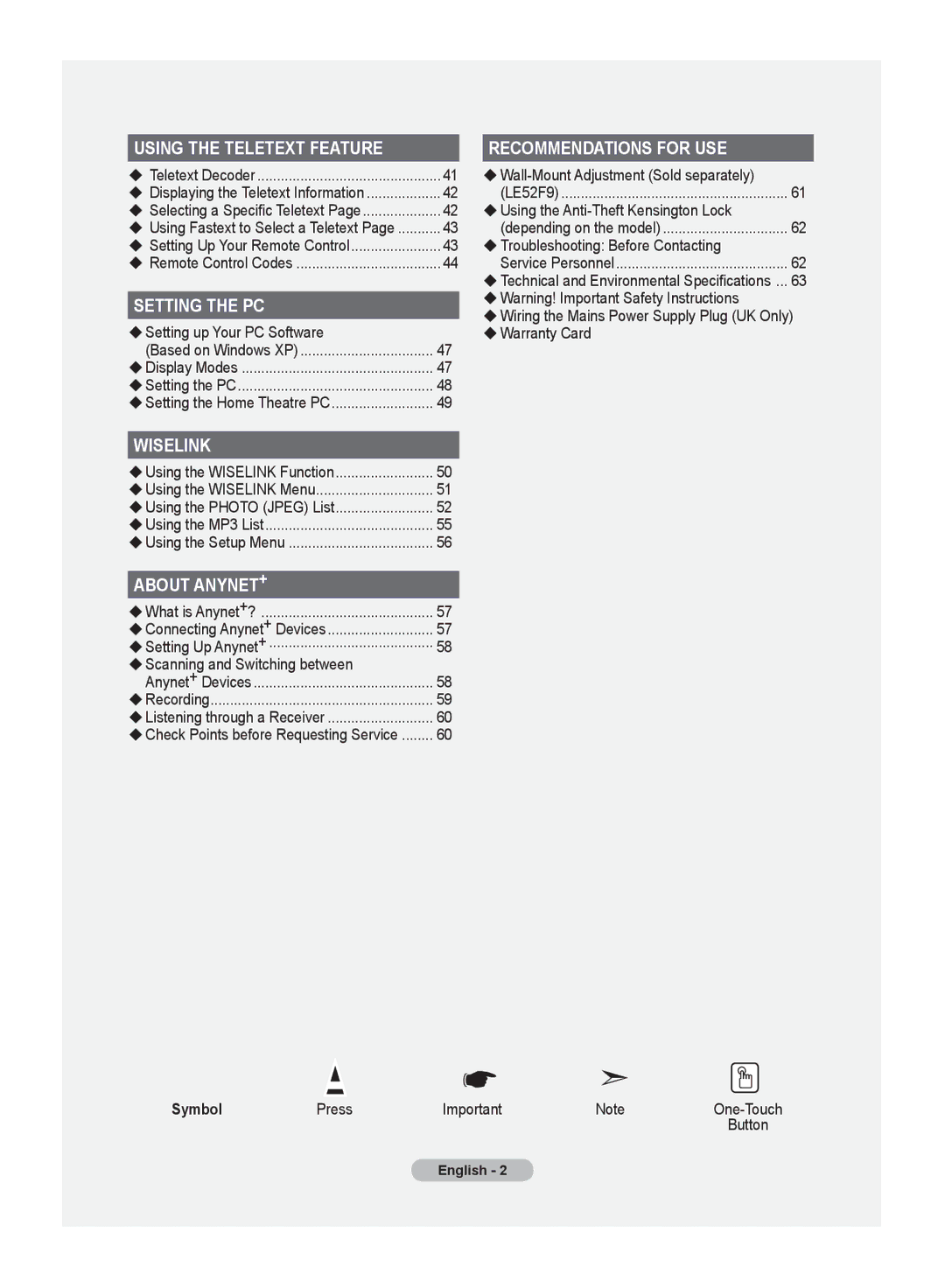 Samsung LE70F9, LE52F9 manual Symbol 