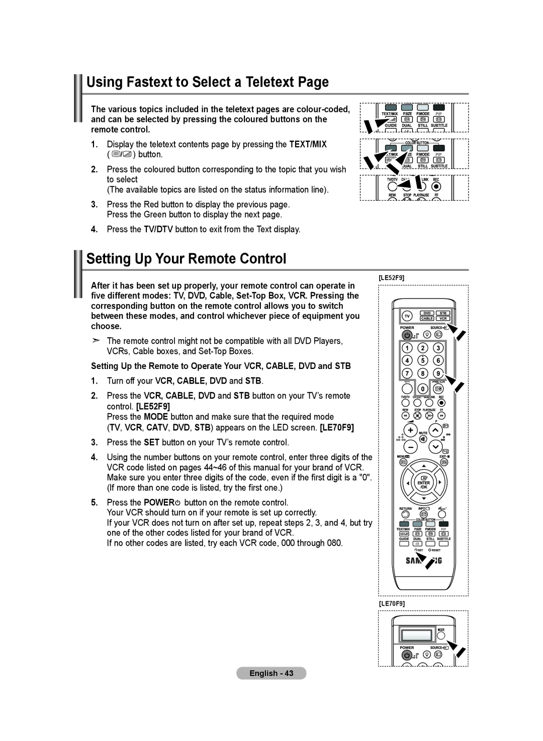 Samsung LE52F9, LE70F9 manual Using Fastext to Select a Teletext, Setting Up Your Remote Control 