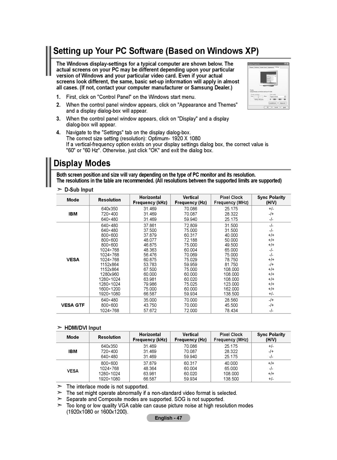 Samsung LE52F9, LE70F9 manual Setting up Your PC Software Based on Windows XP, Display Modes, HDMI/DVI Input 