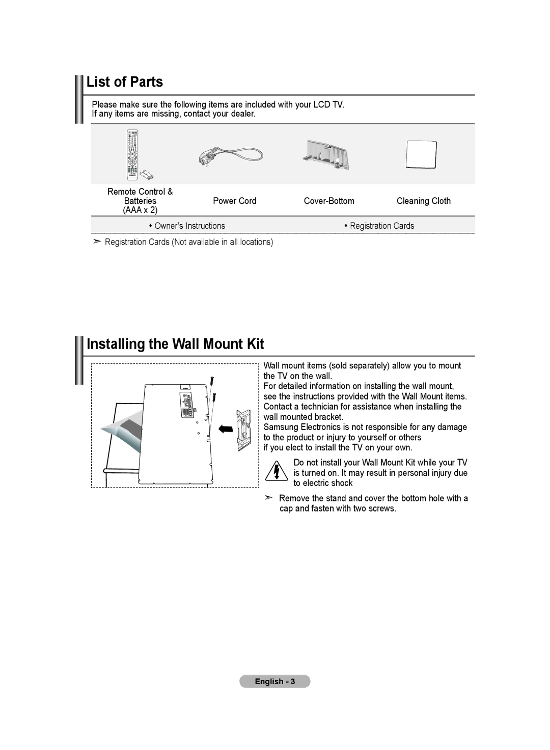 Samsung LE52F9, LE70F9 manual List of Parts, Installing the Wall Mount Kit, Power Cord Cover-Bottom Cleaning Cloth 