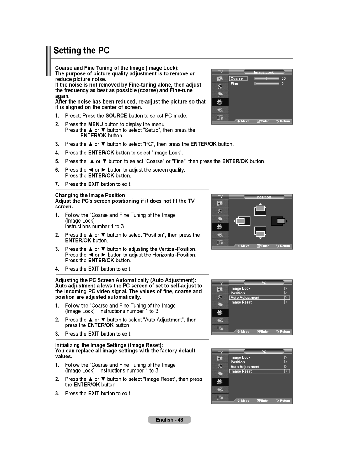 Samsung LE70F9, LE52F9 manual Setting the PC, Reduce picture noise 