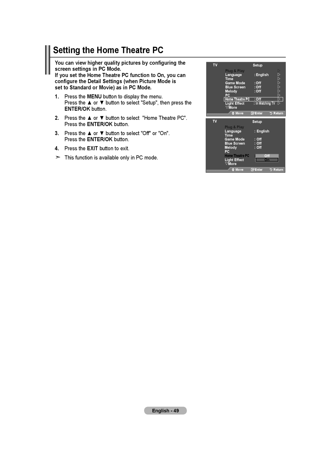 Samsung LE52F9, LE70F9 manual Setting the Home Theatre PC 