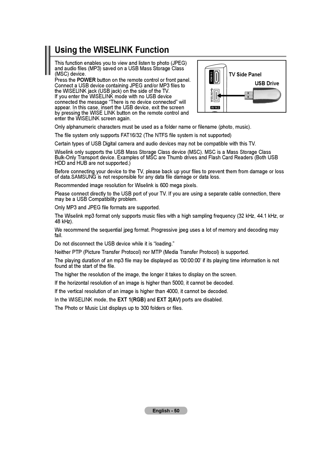 Samsung LE70F9, LE52F9 manual Using the Wiselink Function, MSC device, Wiselink jack USB jack on the side of the TV 