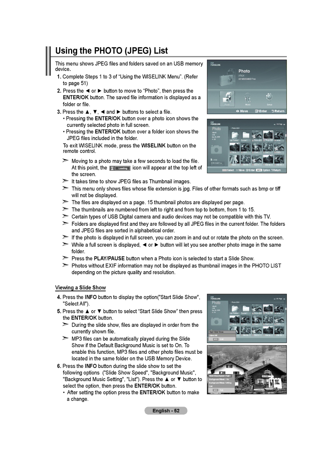Samsung LE70F9, LE52F9 manual Using the Photo Jpeg List, Viewing a Slide Show 