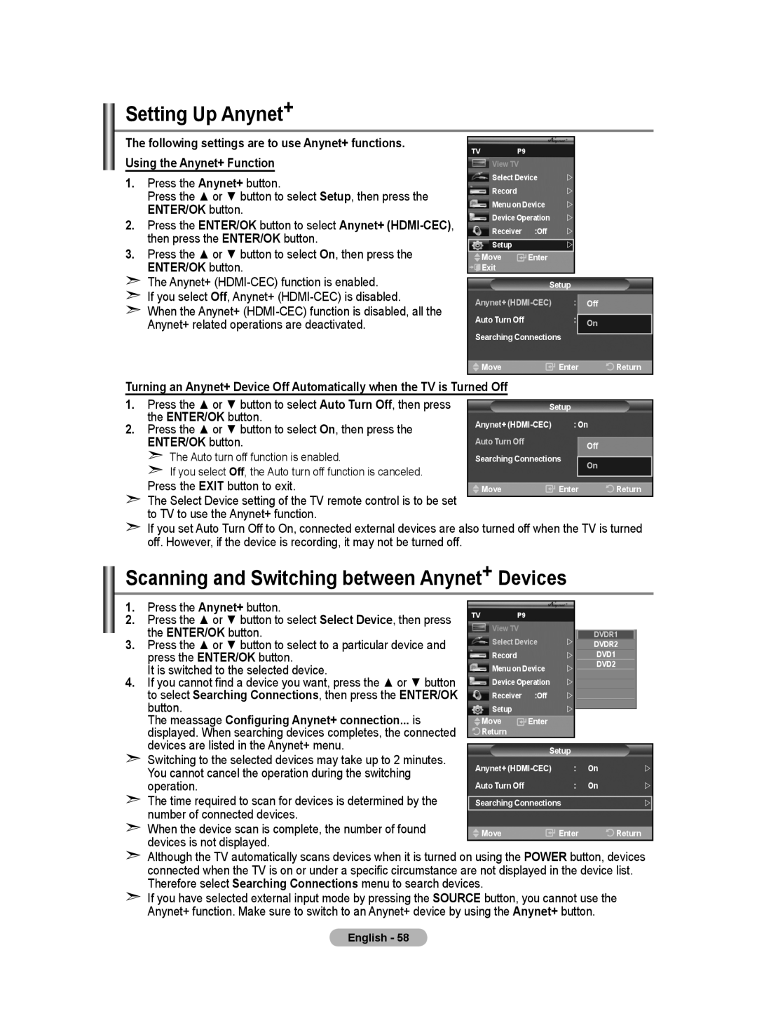 Samsung LE70F9, LE52F9 manual Setting Up Anynet+, Scanning and Switching between Anynet+ Devices 