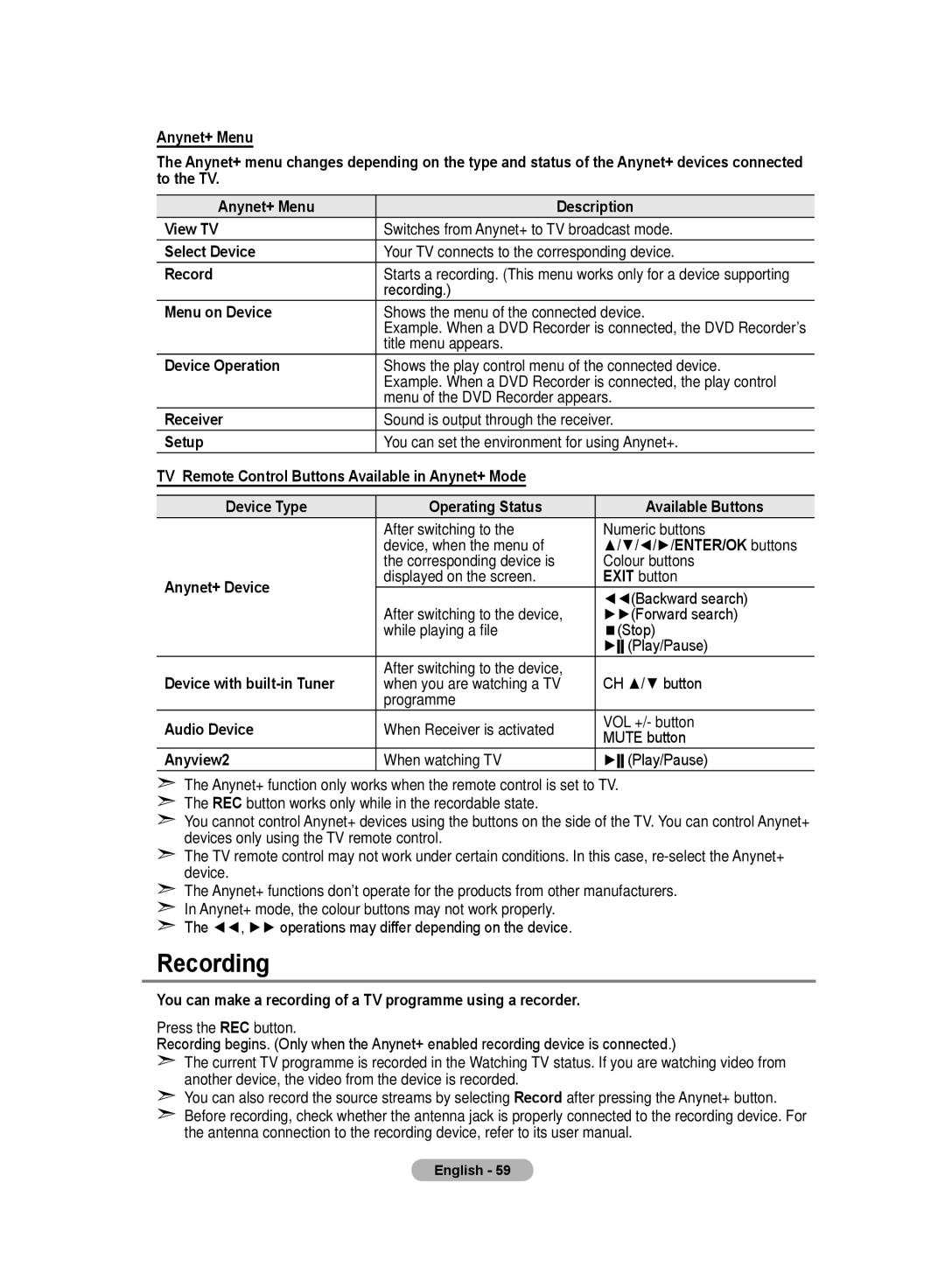 Samsung LE52F9, LE70F9 manual Recording 