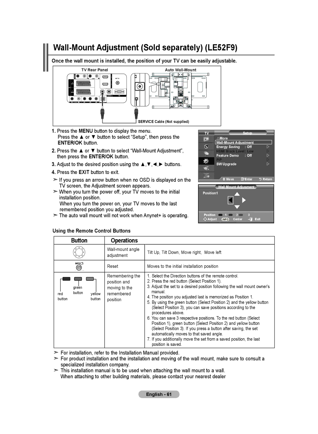 Samsung LE70F9 manual Wall-Mount Adjustment Sold separately LE52F9, Using the Remote Control Buttons 