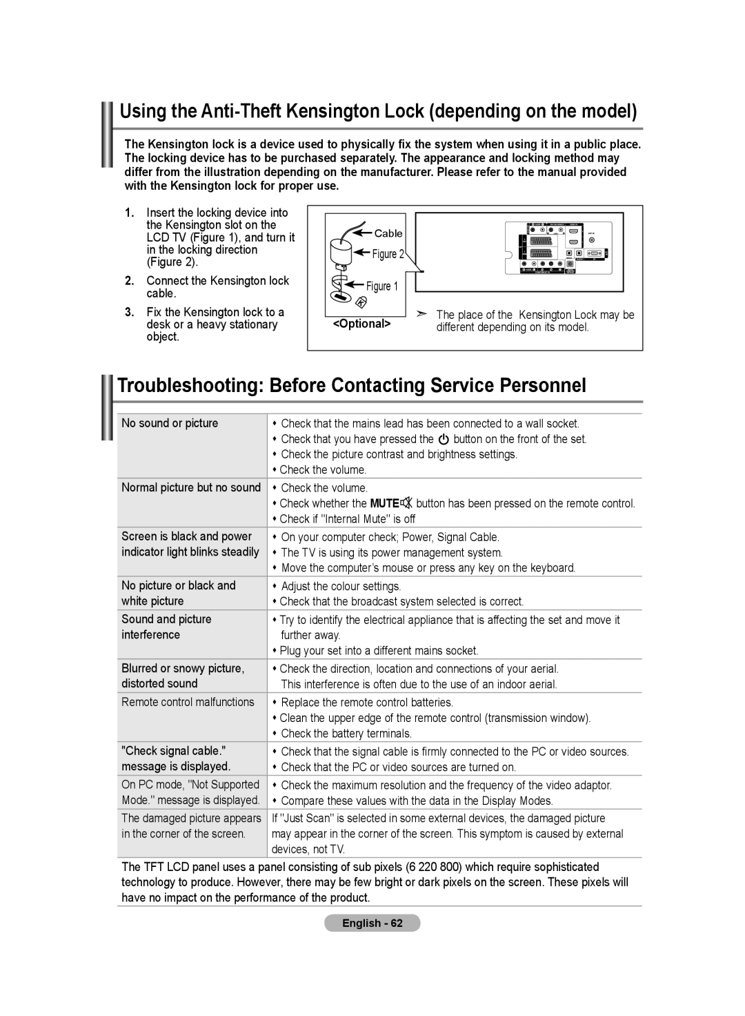 Samsung LE70F9, LE52F9 manual Troubleshooting Before Contacting Service Personnel, Optional 