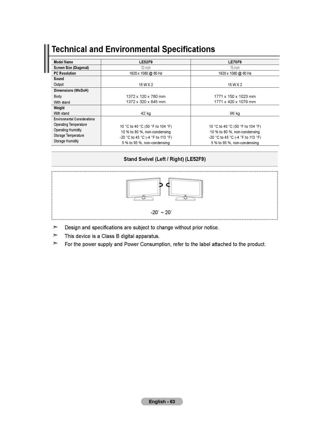 Samsung LE70F9 manual Technical and Environmental Specifications, Stand Swivel Left / Right LE52F9 