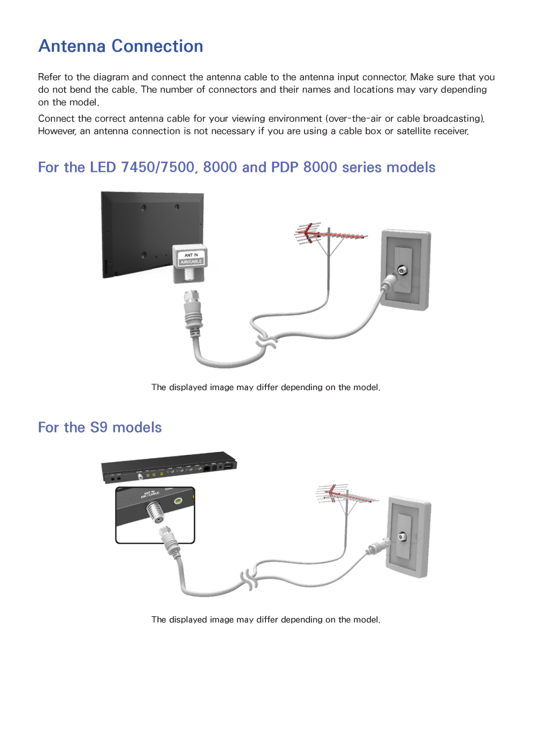 Samsung manual Antenna Connection, For the LED 7450/7500, 8000 and PDP 8000 series models, For the S9 models 