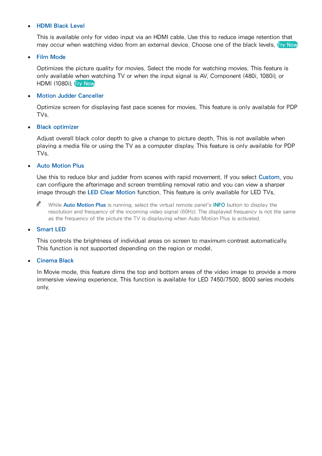 Samsung LED 7450 manual Hdmi Black Level, Film Mode, Motion Judder Canceller, Black optimizer, Auto Motion Plus, Smart LED 