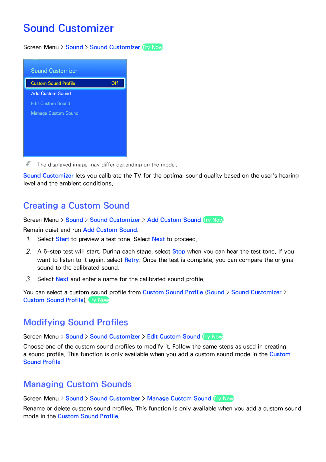 Samsung LED 7450 manual Sound Customizer, Creating a Custom Sound, Modifying Sound Profiles, Managing Custom Sounds 