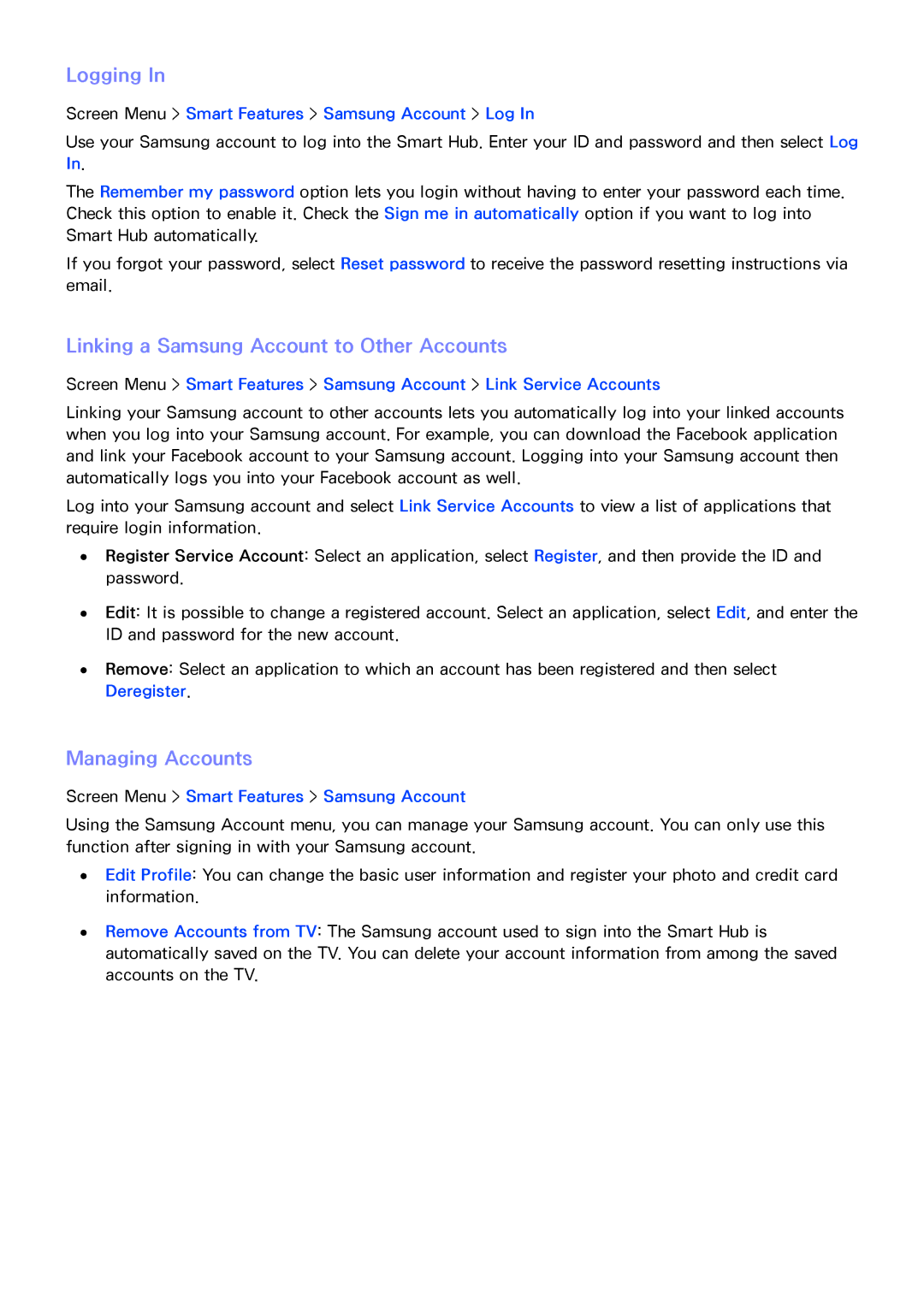 Samsung LED 7450 manual Logging, Linking a Samsung Account to Other Accounts, Managing Accounts 