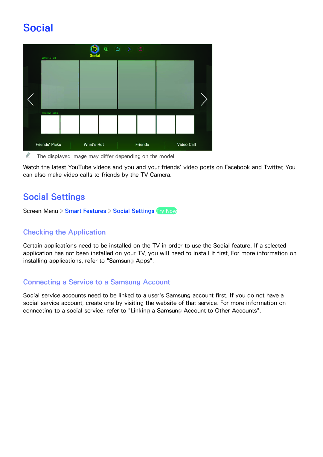 Samsung LED 7450 manual Social Settings, Checking the Application, Connecting a Service to a Samsung Account 