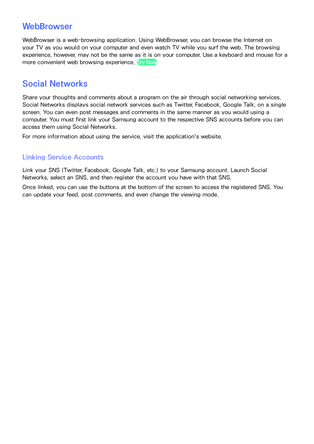 Samsung LED 7450 manual WebBrowser, Social Networks, Linking Service Accounts 