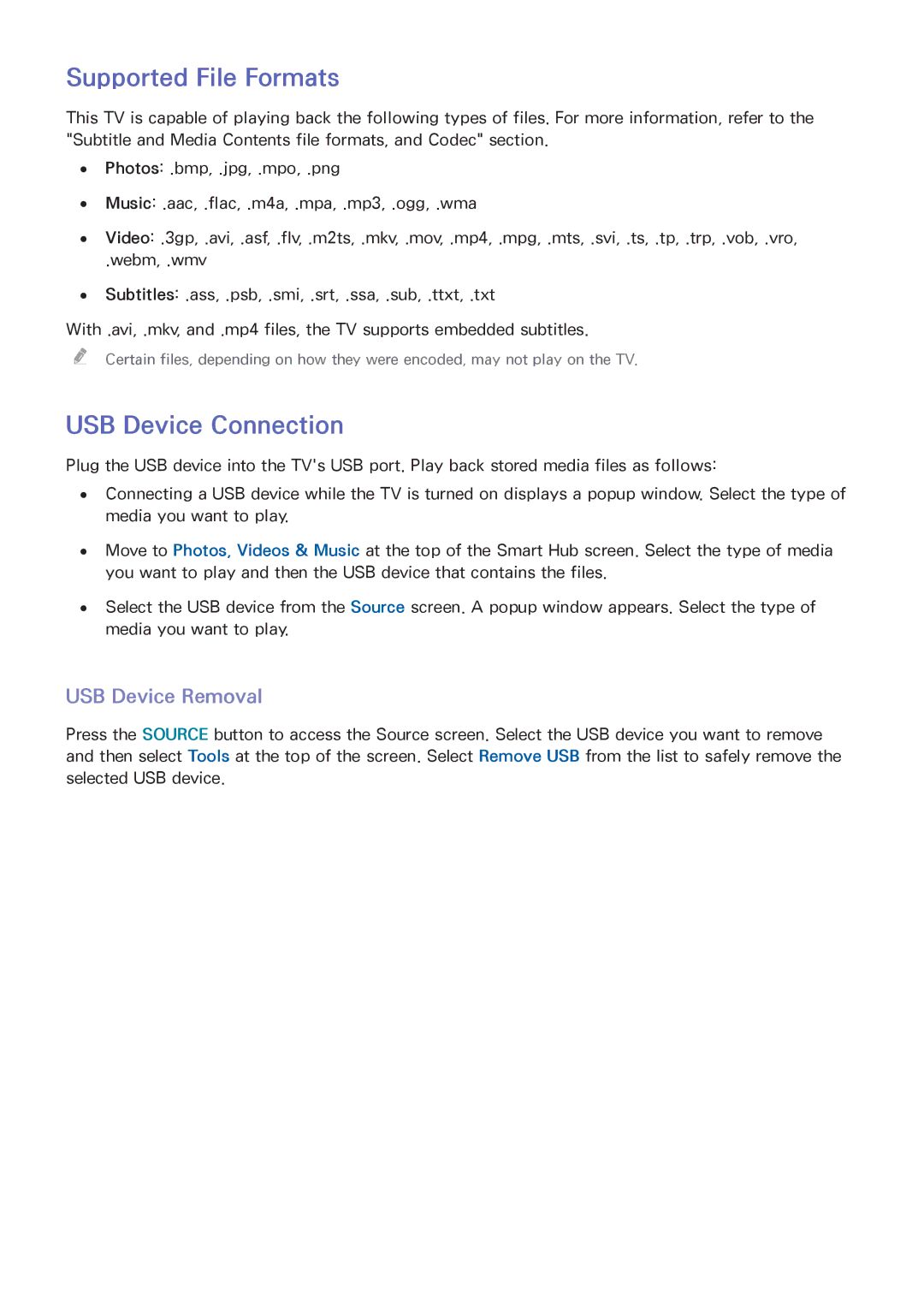 Samsung LED 7450 manual Supported File Formats, USB Device Connection, USB Device Removal 