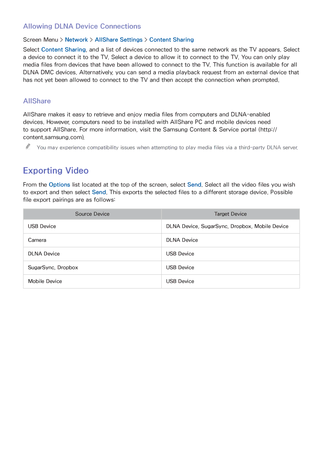 Samsung LED 7450 manual Exporting Video, Allowing Dlna Device Connections, AllShare 