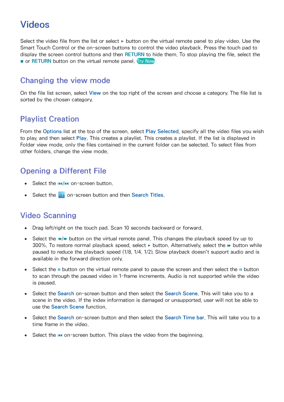 Samsung LED 7450 manual Videos, Changing the view mode, Playlist Creation, Opening a Different File, Video Scanning 