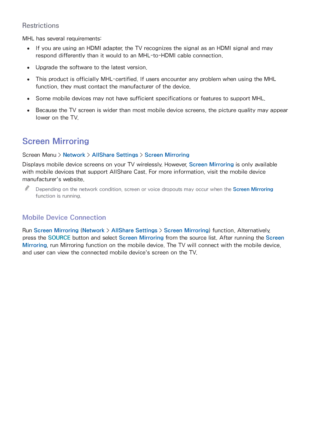 Samsung LED 7450 manual Mobile Device Connection, Screen Menu Network AllShare Settings Screen Mirroring 