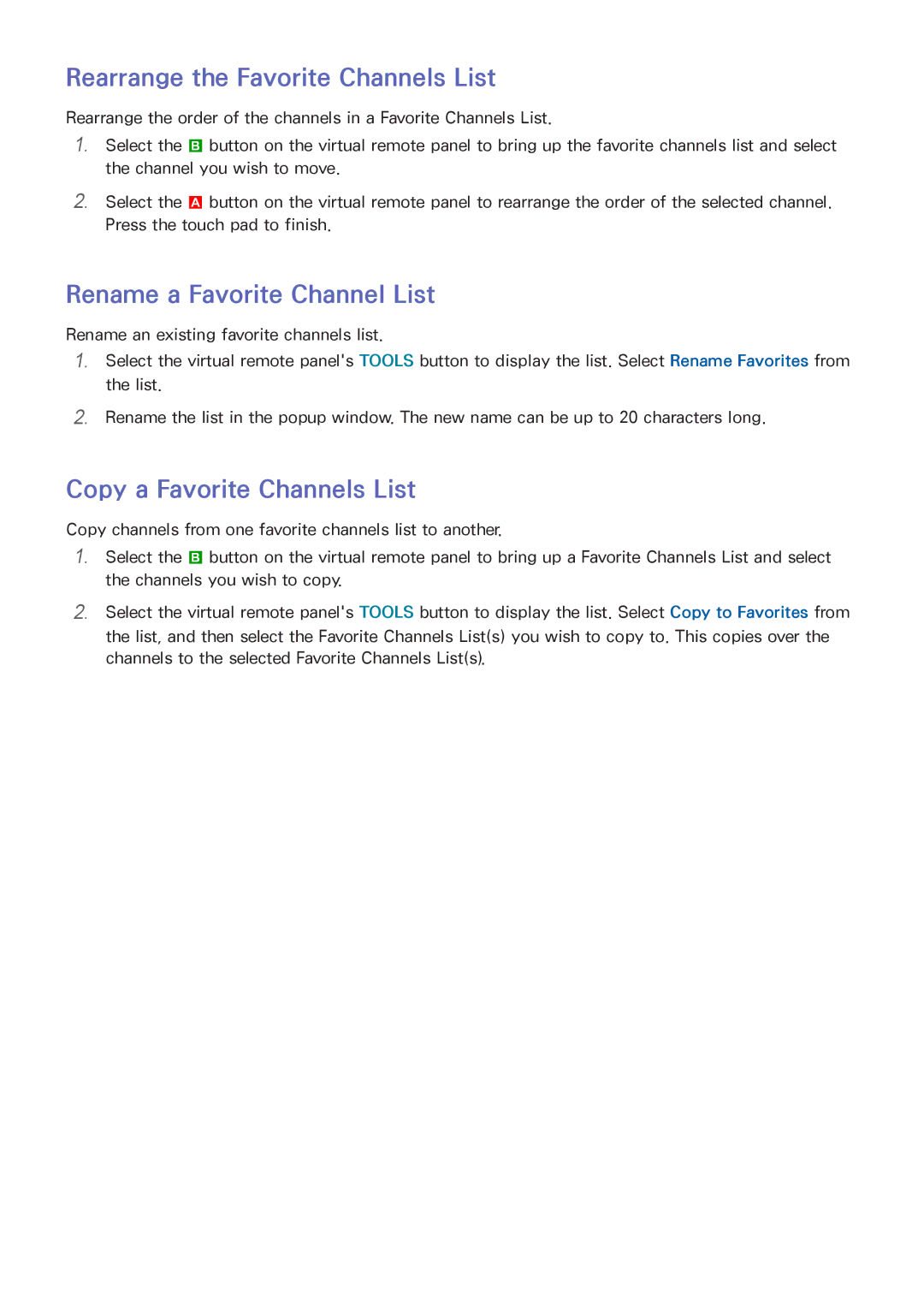 Samsung LED 7450 manual Rearrange the Favorite Channels List, Rename a Favorite Channel List, Copy a Favorite Channels List 