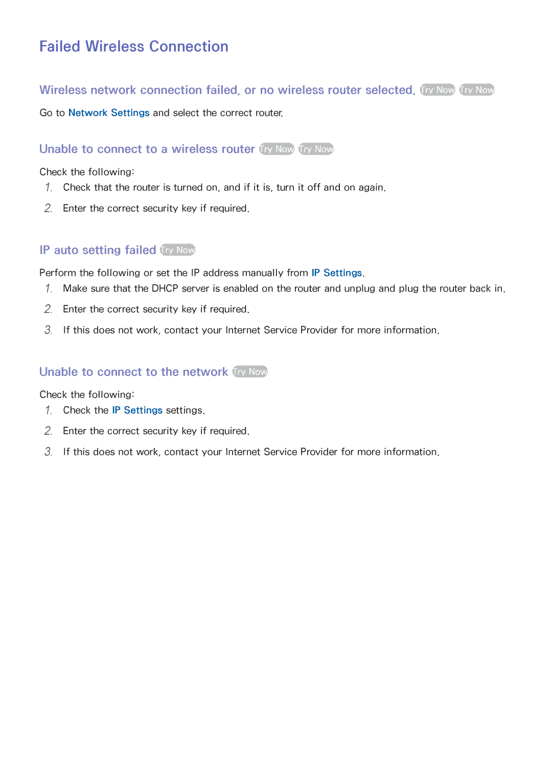 Samsung LED 7450 manual Failed Wireless Connection, Unable to connect to a wireless router Try Now Try Now 