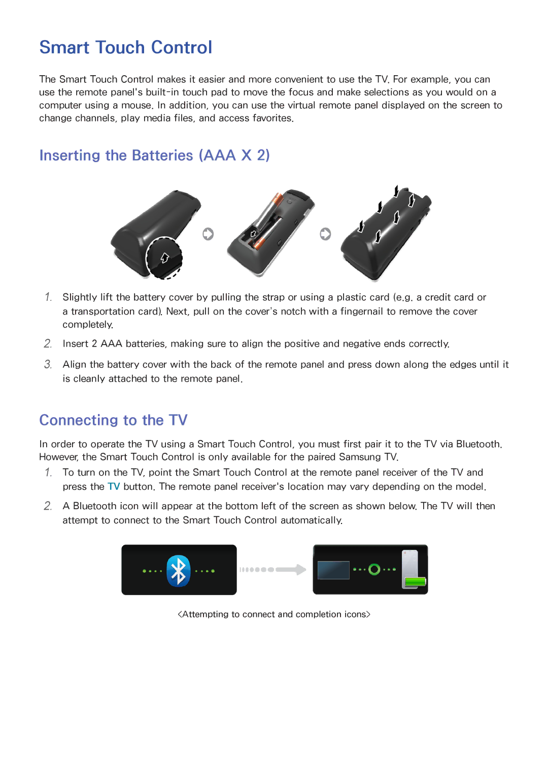 Samsung LED 7450 manual Smart Touch Control, Inserting the Batteries AAA X, Connecting to the TV 