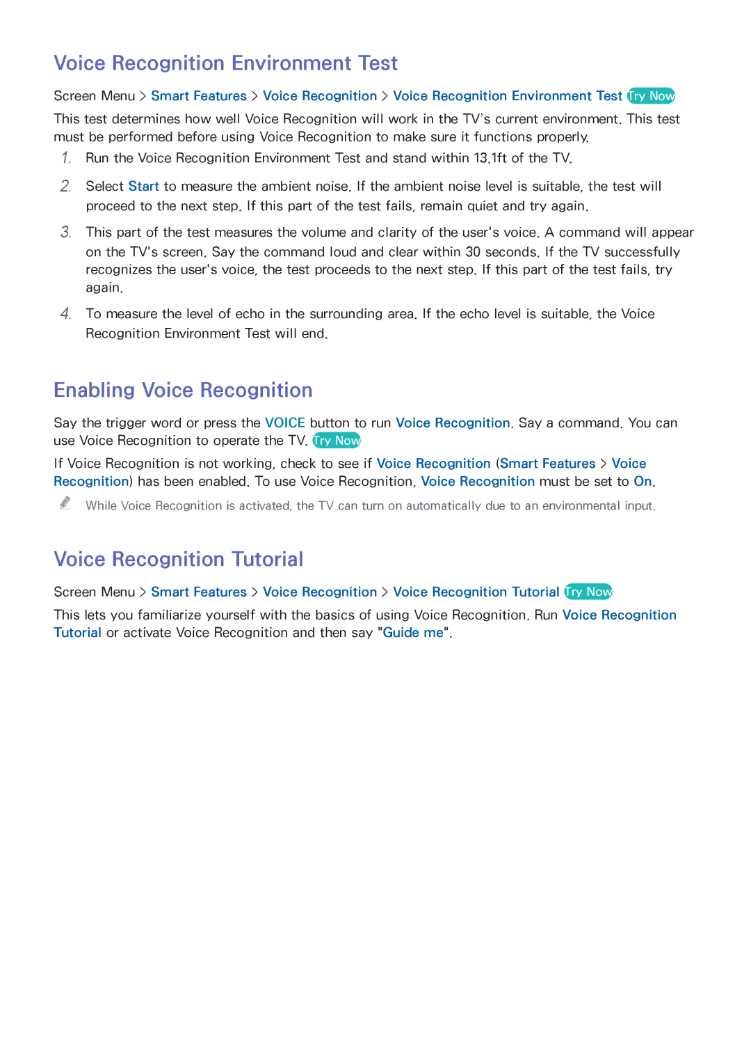 Samsung LED 7450 manual Voice Recognition Environment Test, Enabling Voice Recognition, Voice Recognition Tutorial 