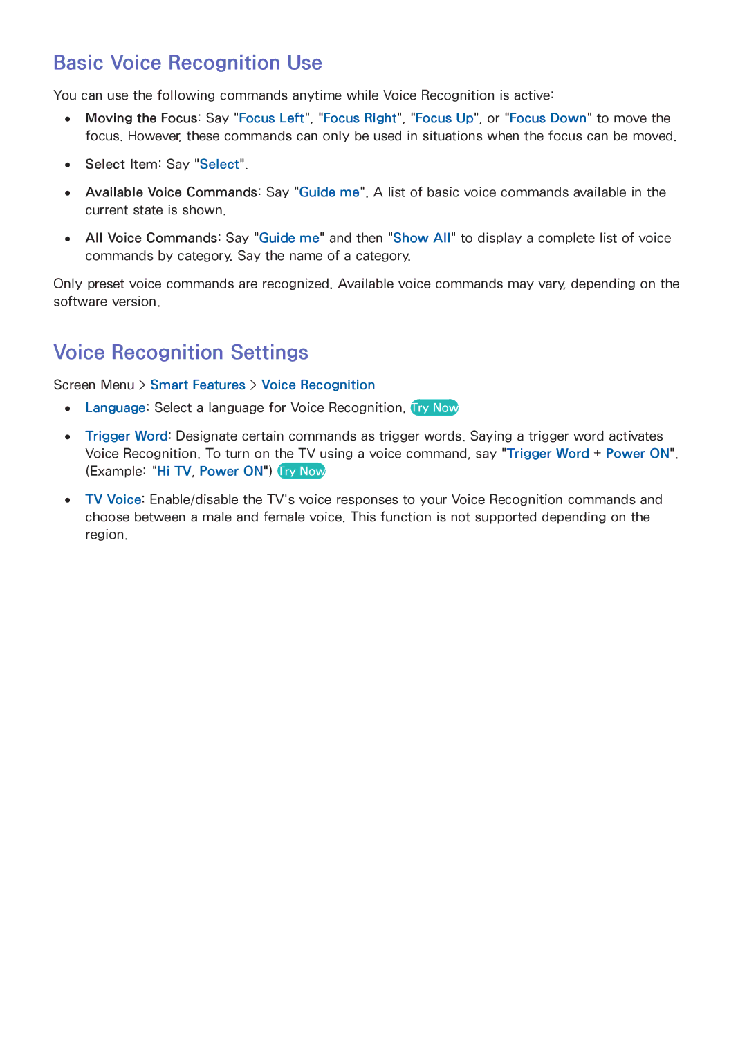 Samsung LED 7450 Basic Voice Recognition Use, Voice Recognition Settings, Screen Menu Smart Features Voice Recognition 