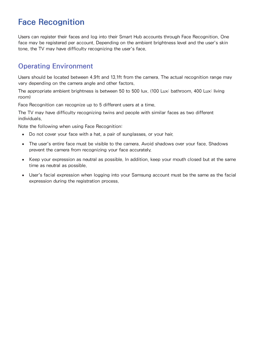 Samsung LED 7450 manual Face Recognition, Operating Environment 