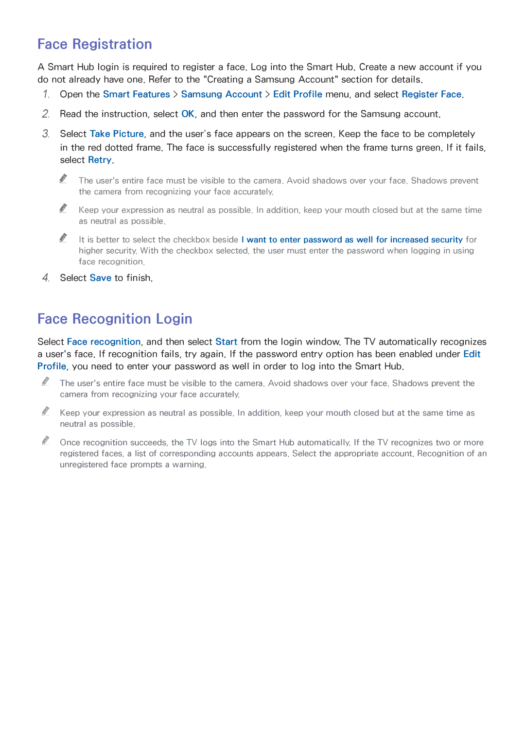 Samsung LED 7450 manual Face Registration, Face Recognition Login 