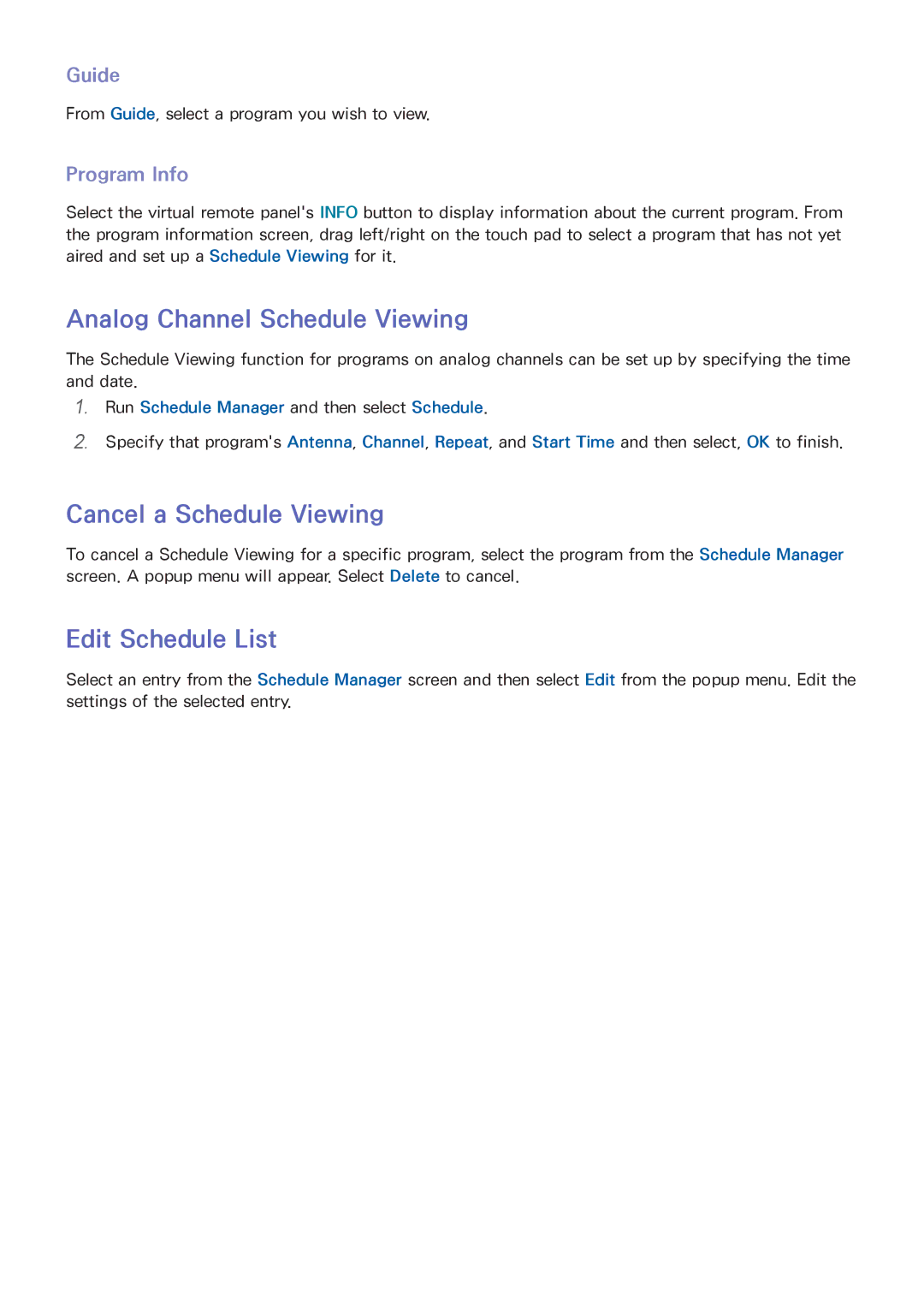 Samsung LED 7450 manual Analog Channel Schedule Viewing, Cancel a Schedule Viewing, Edit Schedule List, Guide, Program Info 