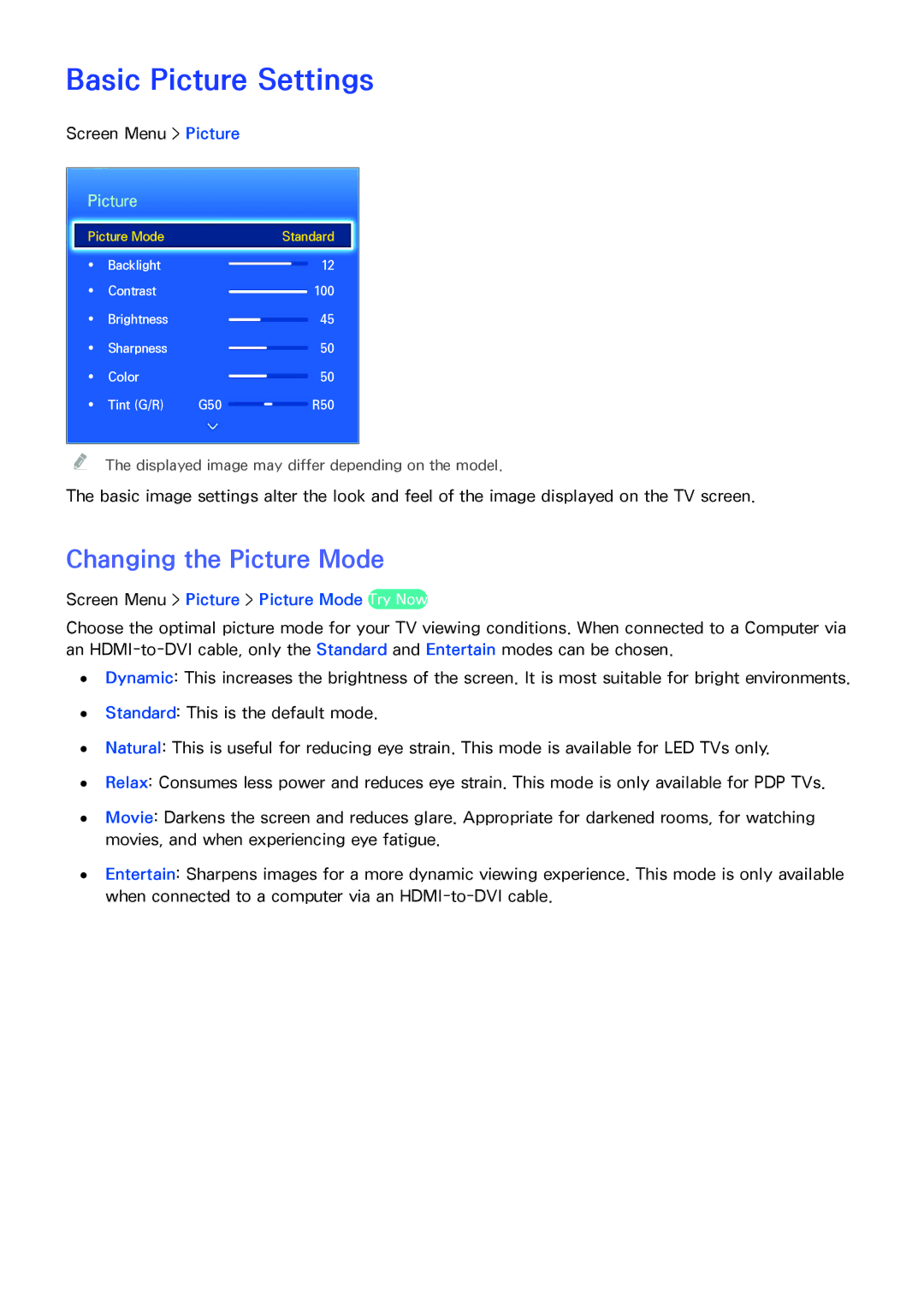 Samsung LED 7450 manual Basic Picture Settings, Changing the Picture Mode, Screen Menu Picture Picture Mode Try Now 