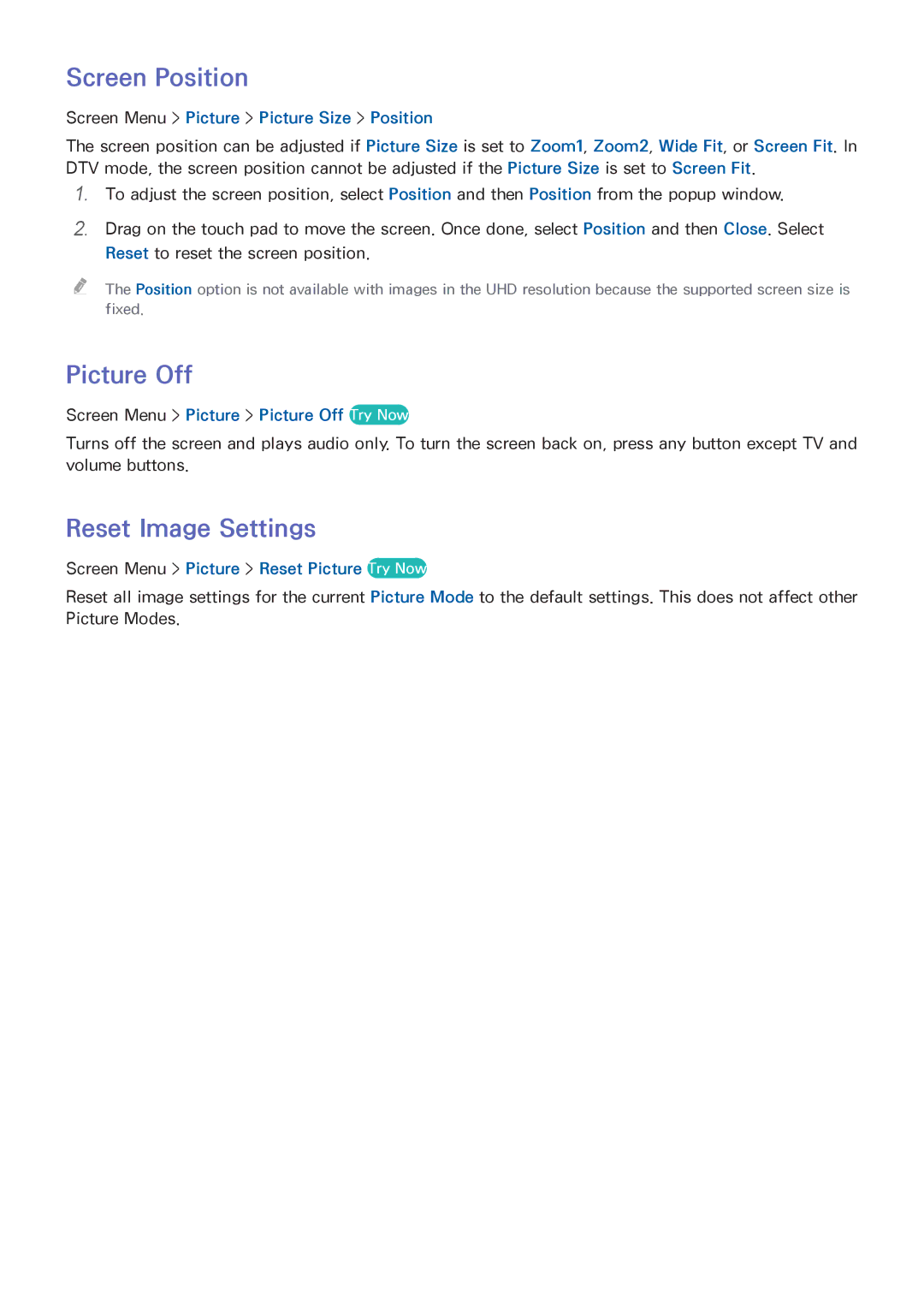 Samsung LED 7450 manual Screen Position, Picture Off, Reset Image Settings 