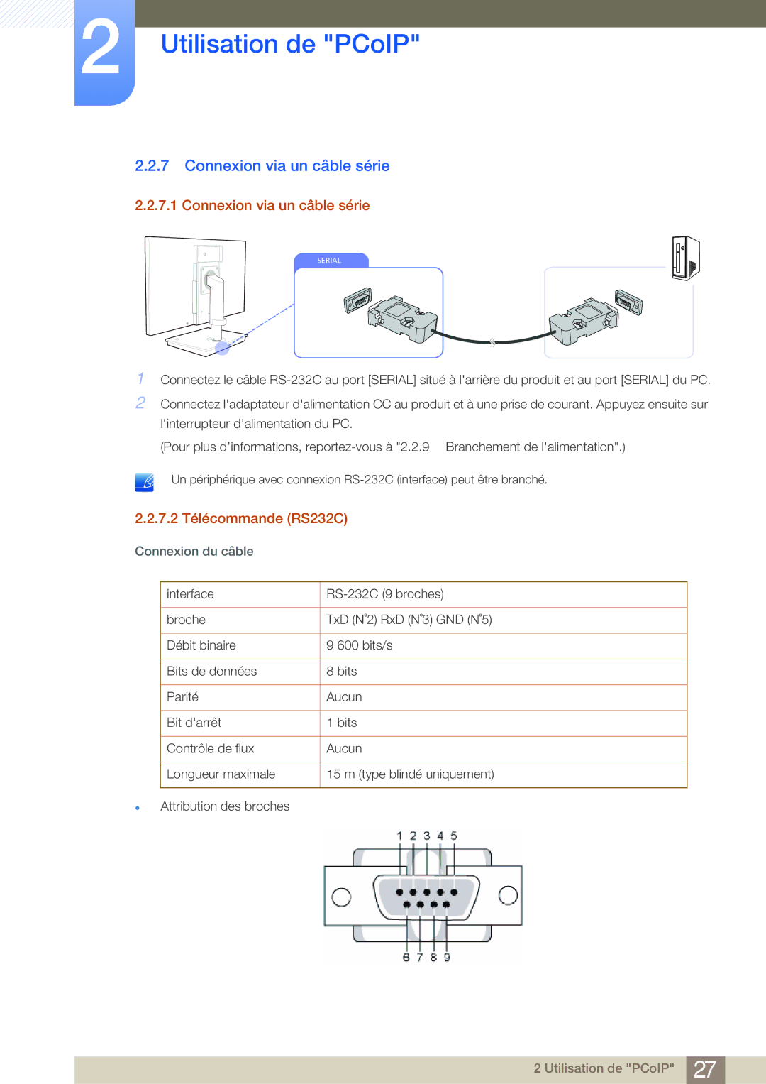 Samsung LF-NBNHNN/EN manual Connexion via un câble série, 7.2 Télécommande RS232C 