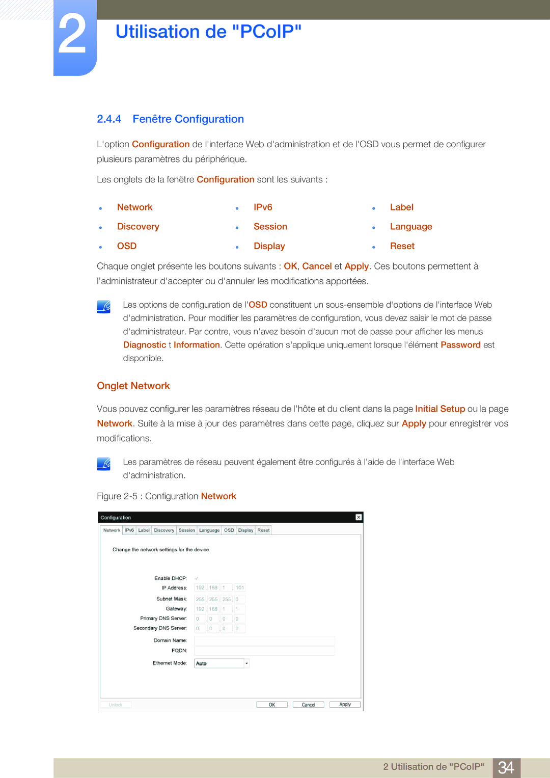 Samsung LF-NBNHNN/EN 4 Fenêtre Configuration, Onglet Network, Network Discovery, IPv6 Session Display Label Language Reset 