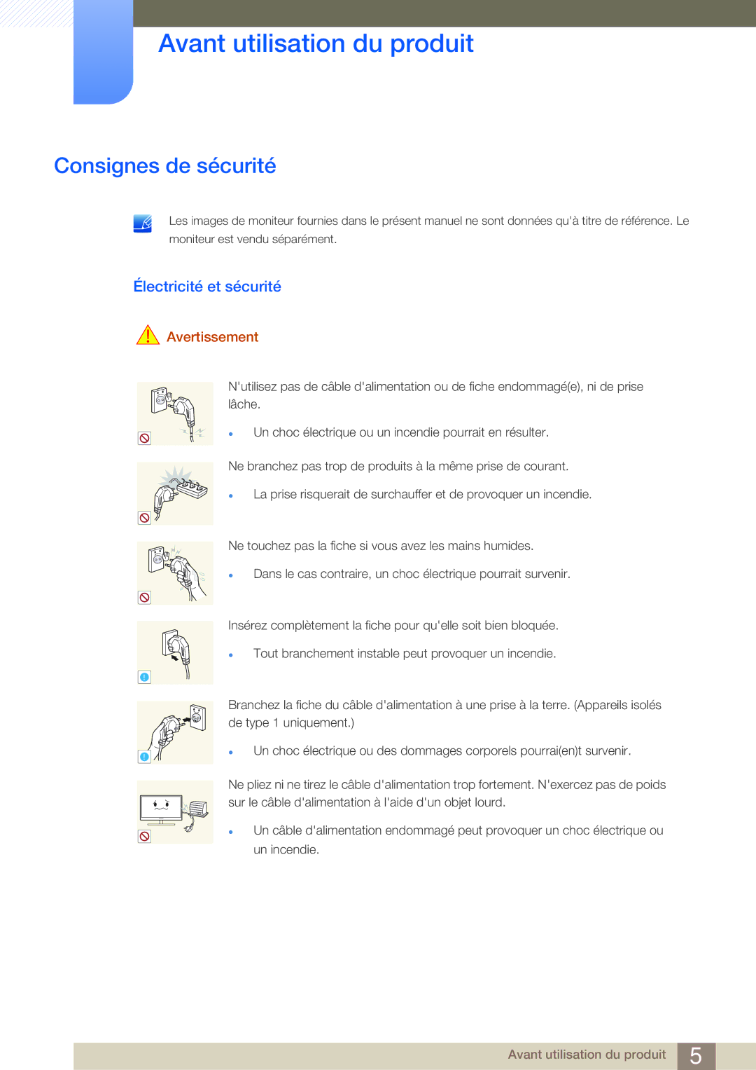 Samsung LF-NBNHNN/EN manual Consignes de sécurité, Électricité et sécurité, Avertissement 