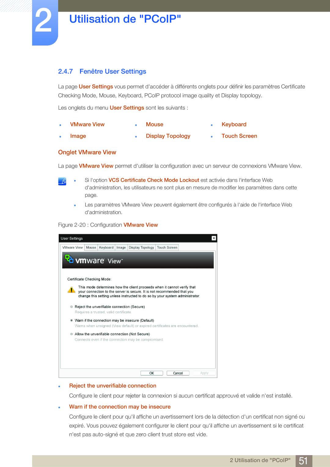 Samsung LF-NBNHNN/EN manual 7 Fenêtre User Settings, Onglet VMware View, Reject the unverifiable connection 
