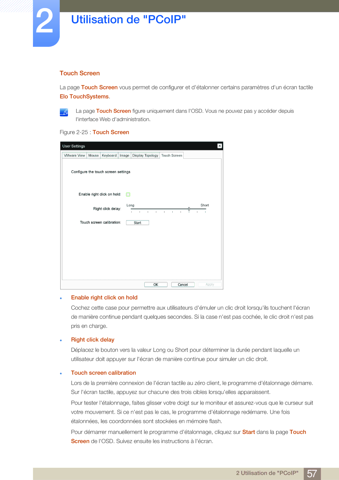 Samsung LF-NBNHNN/EN manual Touch Screen, Enable right click on hold, Right click delay, Touch screen calibration 