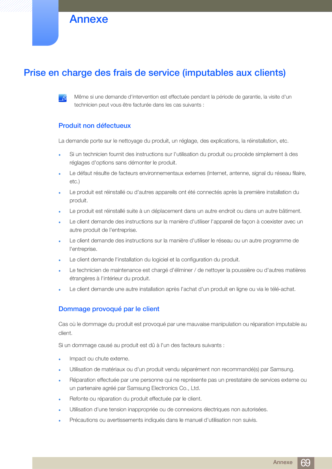 Samsung LF-NBNHNN/EN manual Prise en charge des frais de service imputables aux clients, Produit non défectueux 