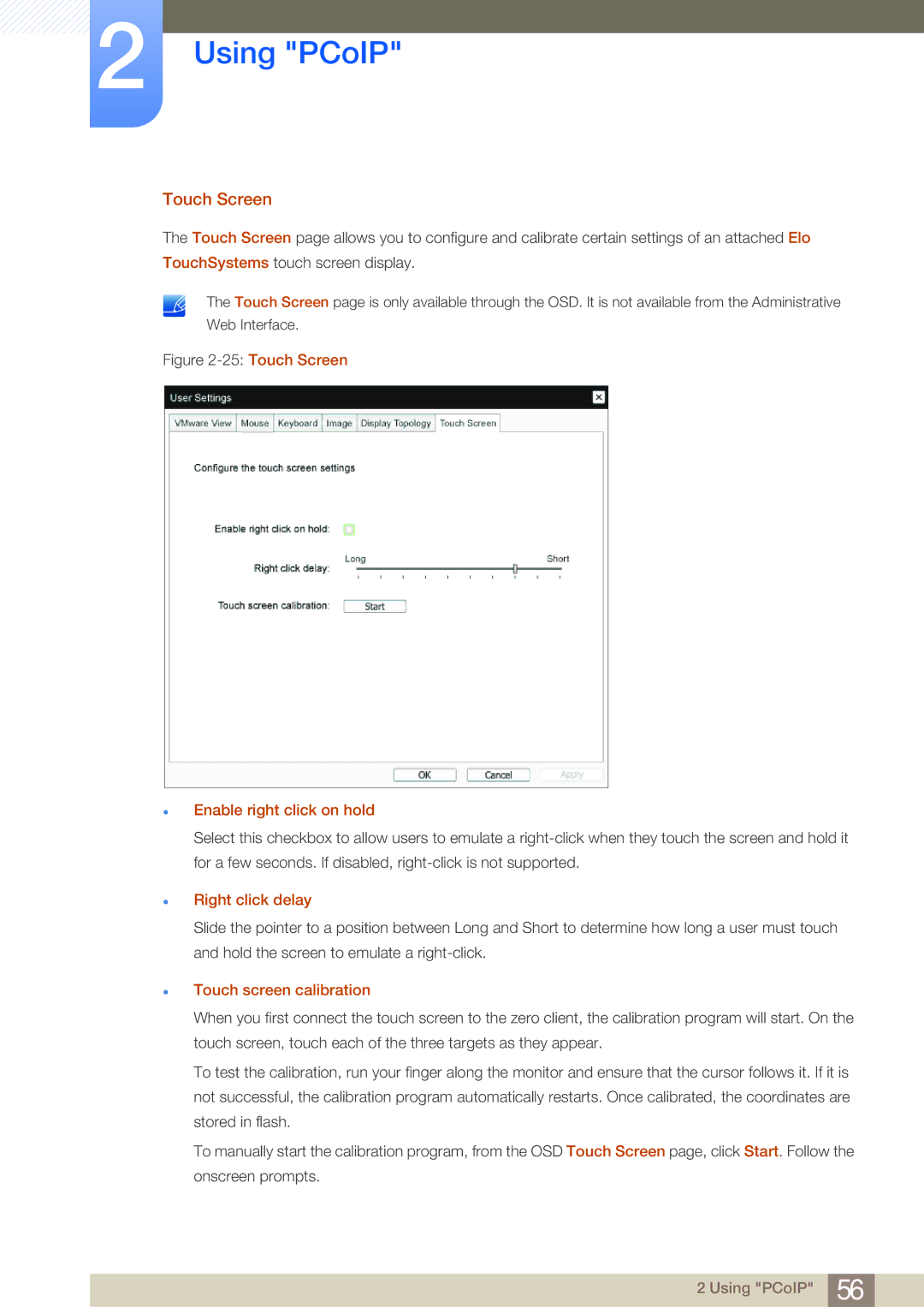 Samsung LF-NBNHNN/EN manual Touch Screen, Enable right click on hold, Right click delay, Touch screen calibration 