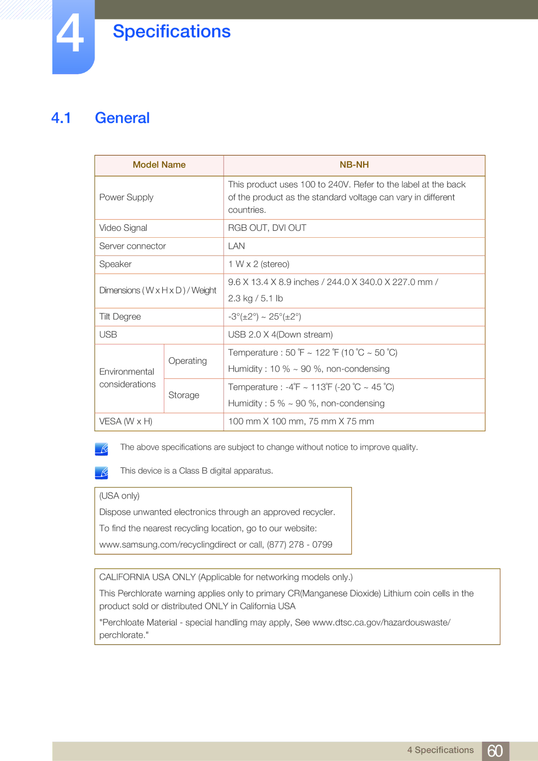 Samsung LF-NBNHNN/EN manual Specifications, General 