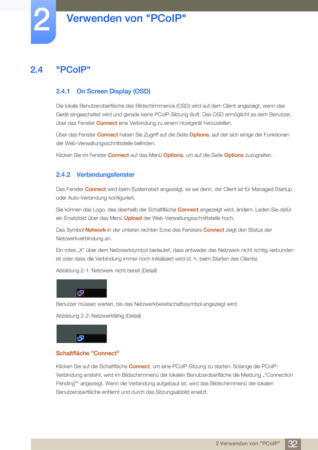 Samsung LF-NBNHNN/EN manual PCoIP, On Screen Display OSD, Verbindungsfenster, Schaltfläche Connect 