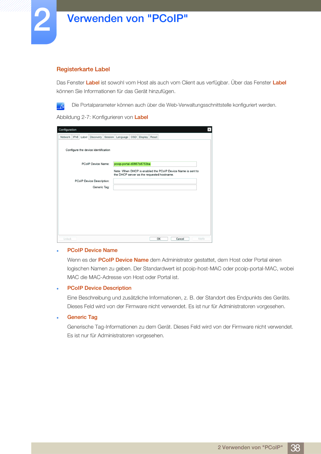 Samsung LF-NBNHNN/EN manual Registerkarte Label, PCoIP Device Name, PCoIP Device Description 