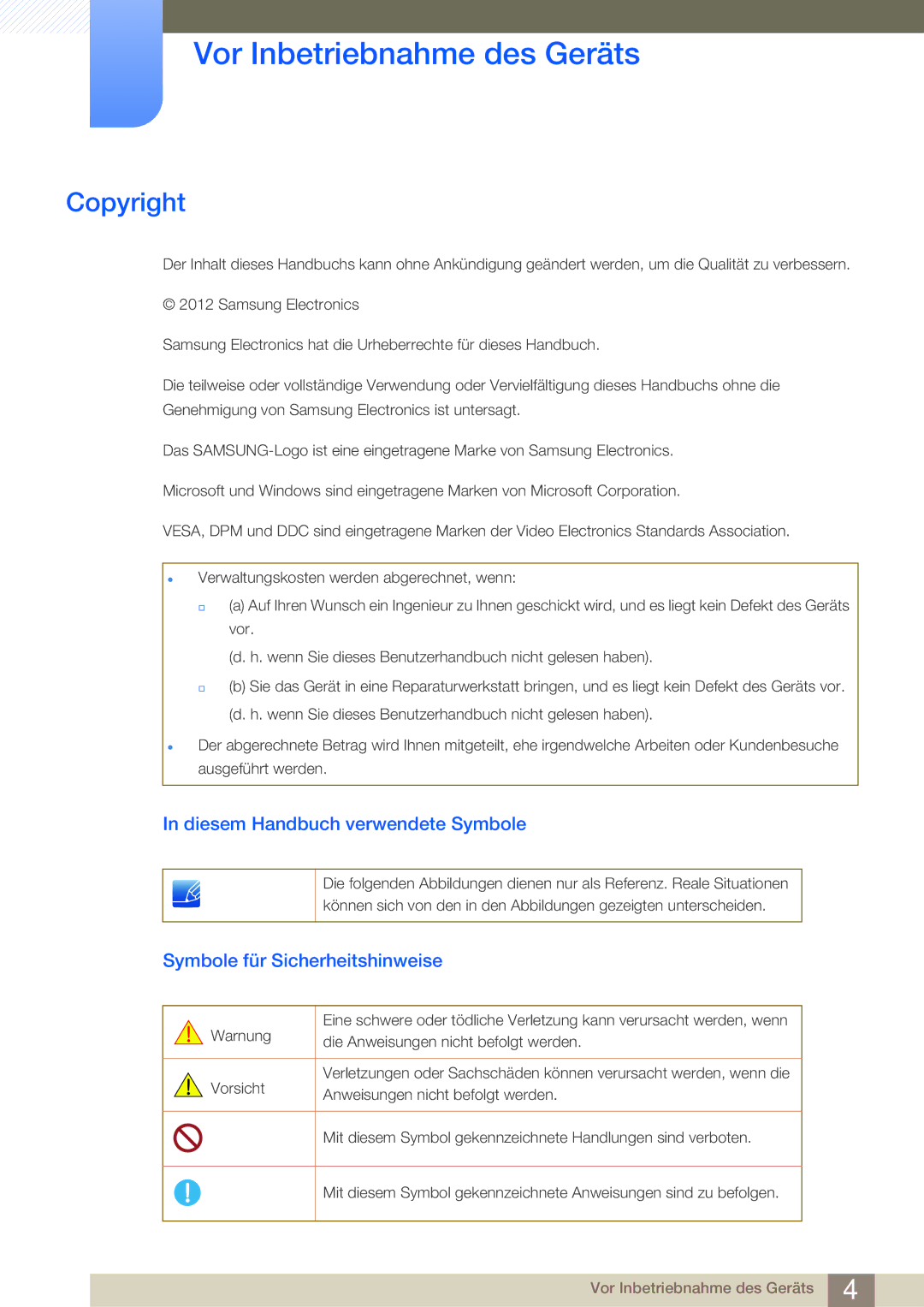 Samsung LF-NBNHNN/EN manual Copyright, Diesem Handbuch verwendete Symbole, Symbole für Sicherheitshinweise 