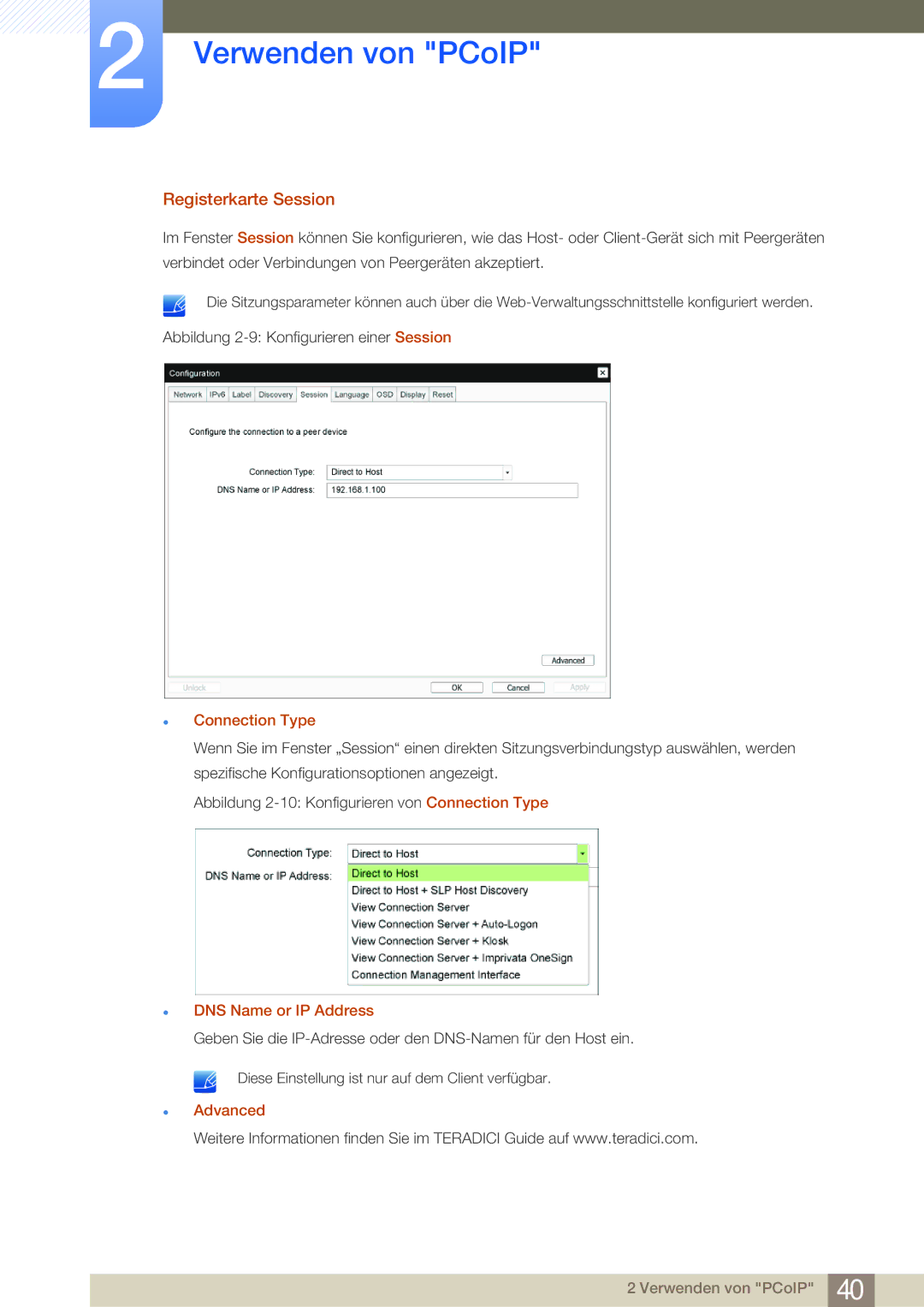 Samsung LF-NBNHNN/EN manual Registerkarte Session, Connection Type, DNS Name or IP Address, Advanced 